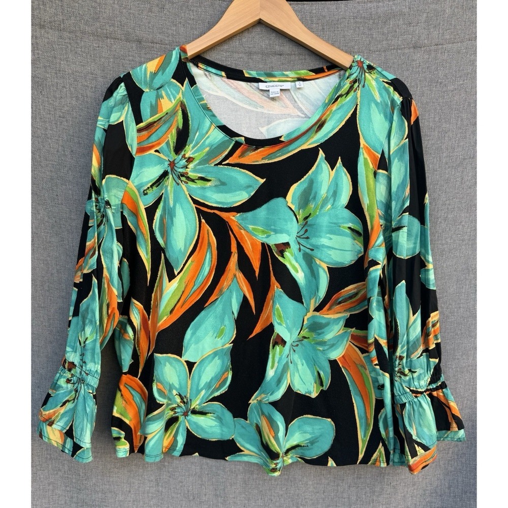 Chico's Tropical Green Leaf Print Long Sleeve Top Sz 3 (XL) Colorful Boho